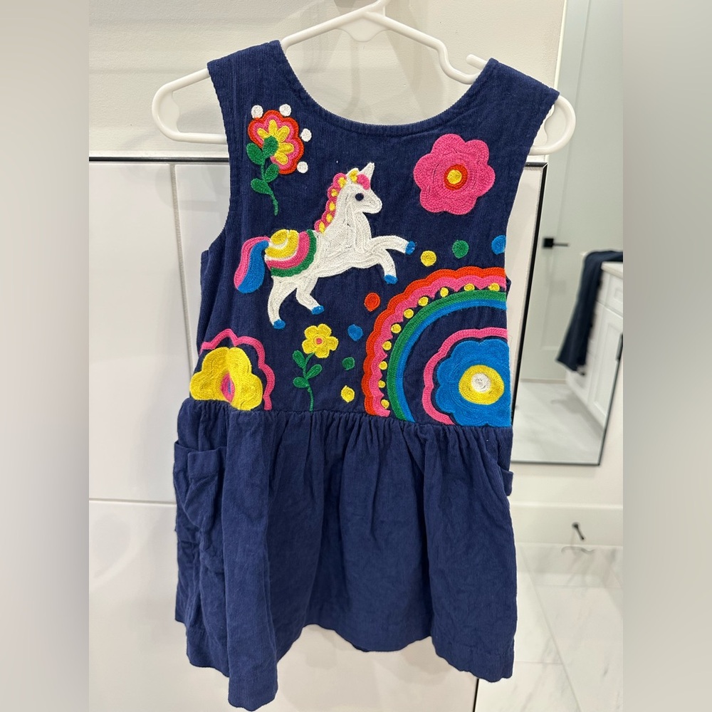 Mini Boden Navy Corduroy Pinafore Dress with Unicorn 2-3T EUC